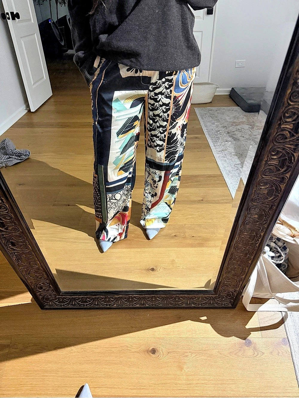 Satin Abstract Wide Leg Pants Multicolor Size Large Pockets Stretch Waist